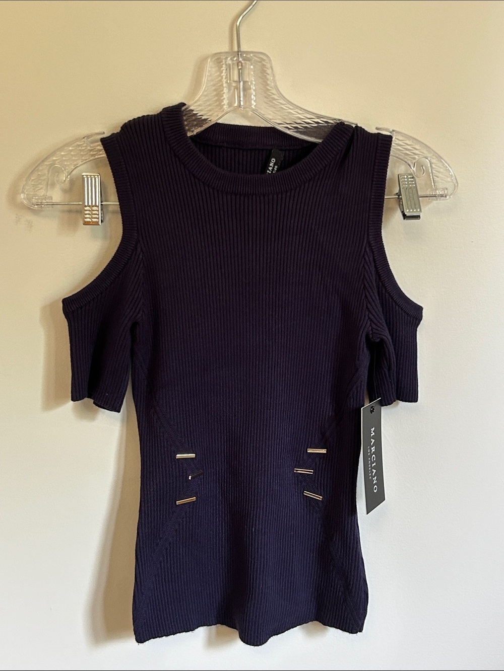 Marciano Navy Ribbed Cold-Shoulder Ribbed Sweater with Metal Accents